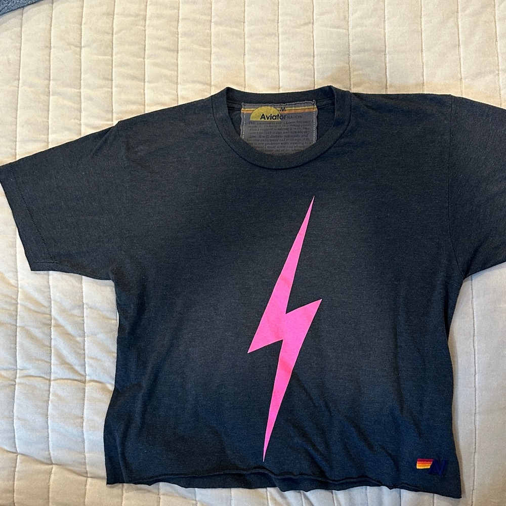 Aviator Nation Kids Charcoal Tee with Neon Pink Lightning